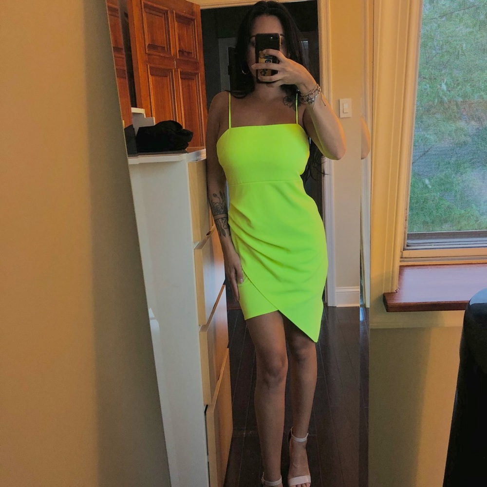 Lime green bodycon asymmetrical mini dress